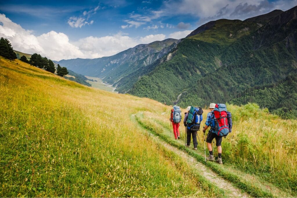 A group of people in mountain are hiking